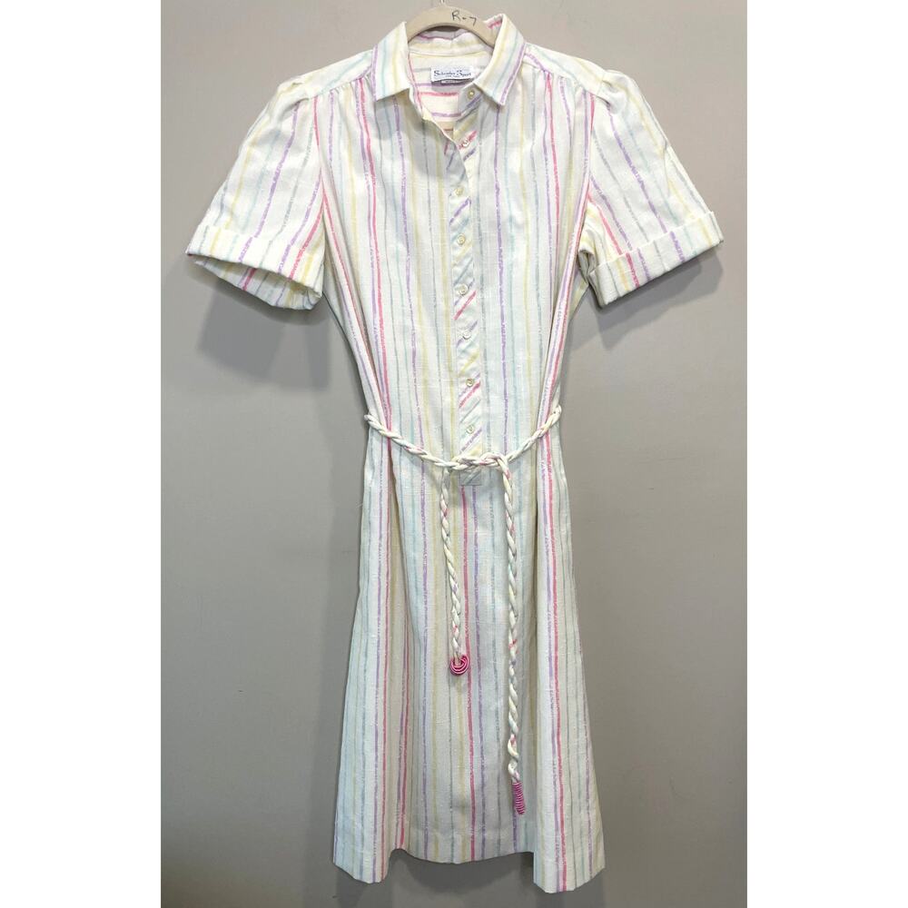 Vintage Schrader Sport Pastel Stripe Sheath Belted Dress Collared Womens Sz18